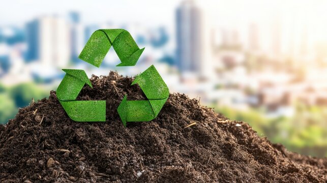 Green recycling symbols on rich soil with urban city skyline background symbolizing sustainability and environmental consciousness