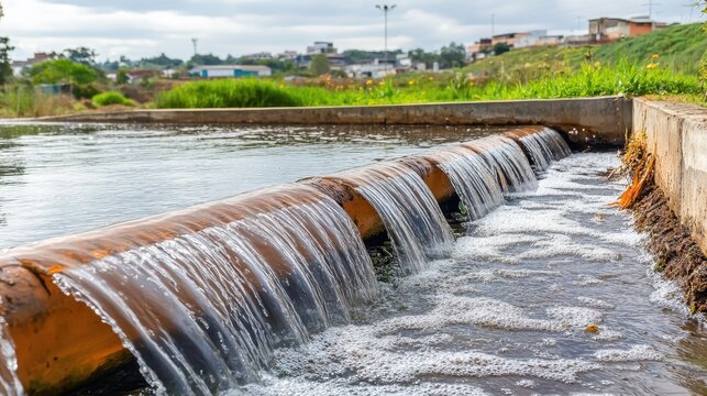 Contaminated water seeping from a rusty pipe into a suburban stream under overcast skies, highlighting environmental pollution