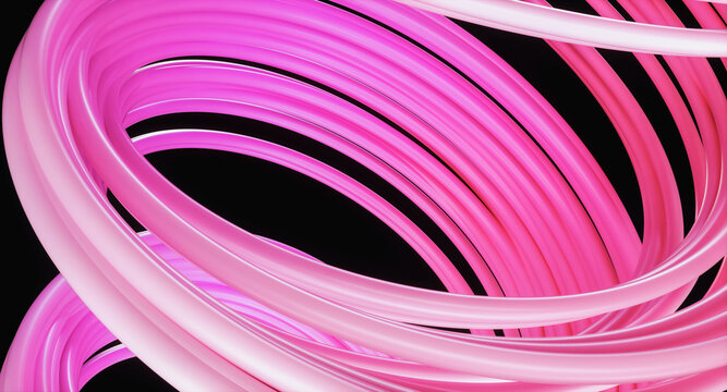 Abstract 3d glowing pink light lines on black background, futuristic technology data flow concept.