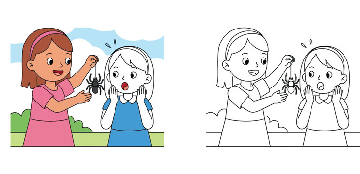 Girl Pranking Her Friend with a Toy Spider Cartoon Vector Illustration