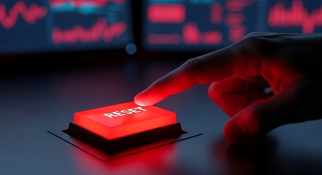Finger pressing a bright red RESET button, illuminated in darkness