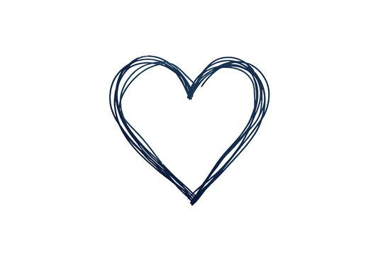 Hand drawing navy blue scribbled heart outline, illustrating love, romance, and care concept on transparent background