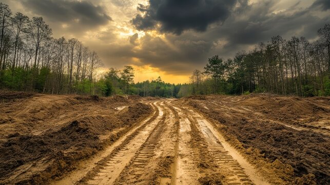 Muddy construction road carved through a damaged forest landscape under a stormy sky