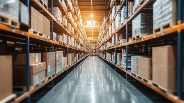 Expansive industrial warehouse filled with organized shelving units and stacked boxes, showcasing efficient storage solutions and a modern logistical facility.