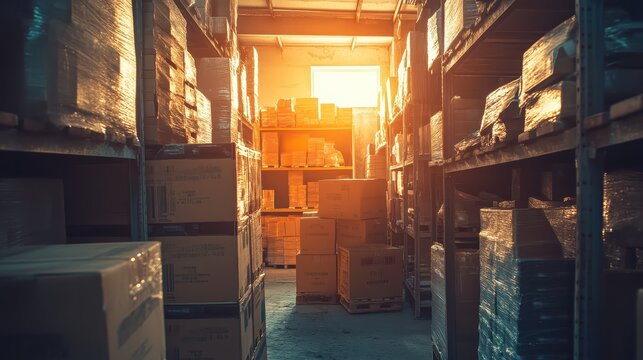 Heaps of Unsold Goods Filling a Vast Retail Warehouse Aisle with Sunlight Streaming In