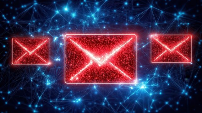 Glowing red phishing email alert within a digital network, signifying cybersecurity threat and online danger.