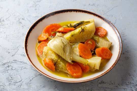 Traditional Turkish Braised Fennel with Carrots and Olive Oil Served