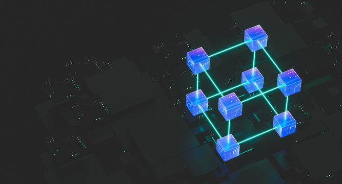 Blockchain network concept with connected cubes, decentralized data technology background. 3d rendering
