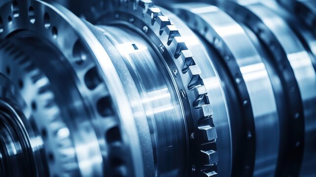 Intricate industrial turbine engine components featuring precision machined steel gears and powerful mechanical elements