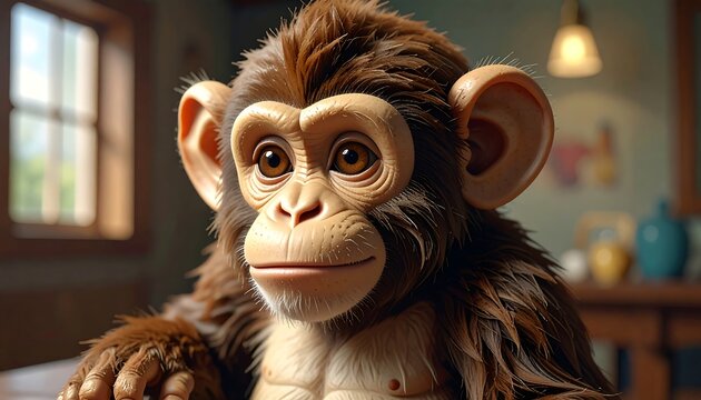 A curious monkey with big eyes and ears in a room