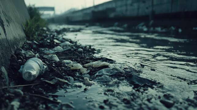 Industrial pollution flowing into a river from a factory outlet, creating a contaminated waterway.