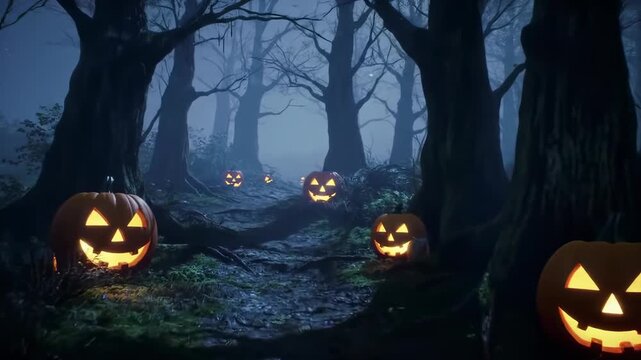 A spooky forest path lined with glowing jack-o'-lanterns