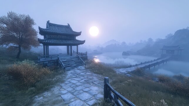 Misty Mountain Valley Pagoda by Serene Lake Under Soft Morning Light with Stone Path