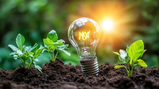 Glowing lightbulb in fertile soil with a young plant, symbolizing sustainable energy and new growth under bright sunlight