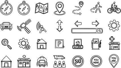 Fototapeta premium Hand Drawn Navigation, GPS, Travel, and Location Line Art Icon Set. Black White Outline Symbols for Maps, Transportation Urban Services.