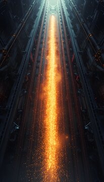 Massive Vertical Industrial Infrastructure with Glowing Amber Plasma Core and Detailed Steel Plates in Cinematic Composition filling entire frame for Future Tech Banner