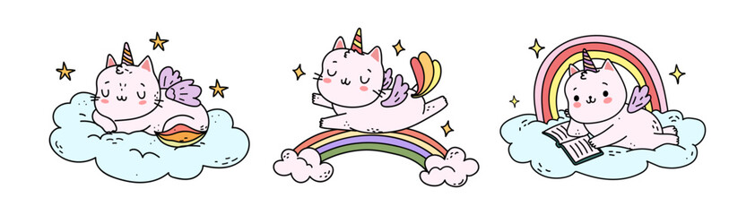 Fototapeta premium Kawaii cat unicorns personages playing on clouds and rainbows. Vector cute characters express joy and magic sleeping and reading book. Packaging, print designs and whimsical branding elements
