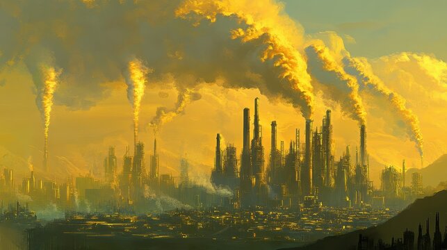 Industrial power plants releasing thick emissions into the hazy atmosphere under a golden sky, showcasing industrialization and pollution.