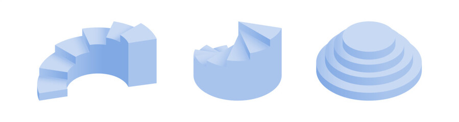 Plakat Spiral and circular stairs. Vector isometric steps set,isometric connectors between floors, linking platforms and levels. Architectural creativity and interior functionality. Planning visualization