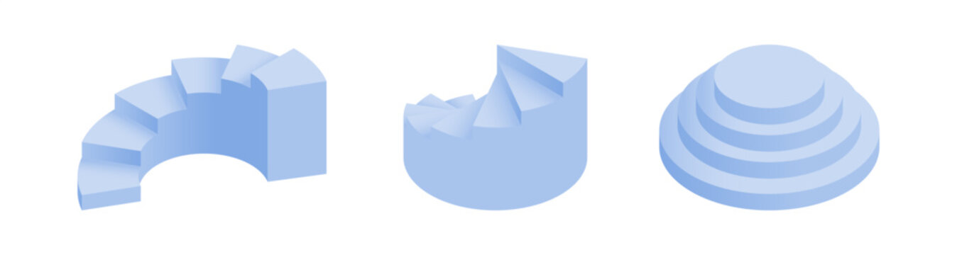 Spiral and circular stairs. Vector isometric steps set,isometric connectors between floors, linking platforms and levels. Architectural creativity and interior functionality. Planning visualization