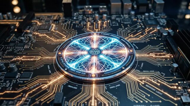 A circular AI chipset embedded in a futuristic circuit board, glowing processor core with radial symmetry, intricate network lines radiating outward, cinematic lighting with dark background,