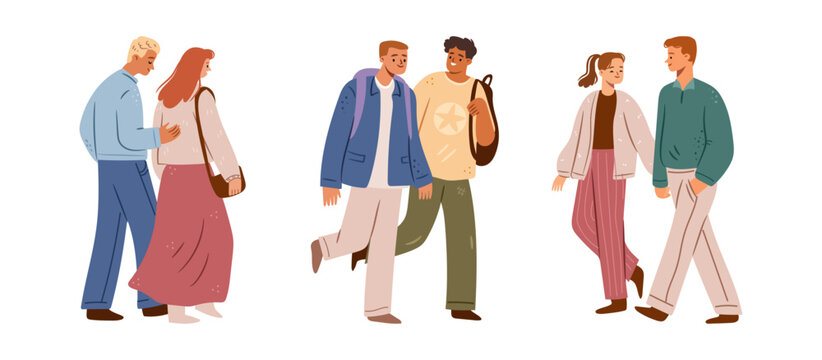 Group of friend or happy couples walking together outdoors. Vector cartoon characters strolling relaxed and joyful atmosphere. Friendship, togetherness and youth lifestyle, traveler weekend leisure