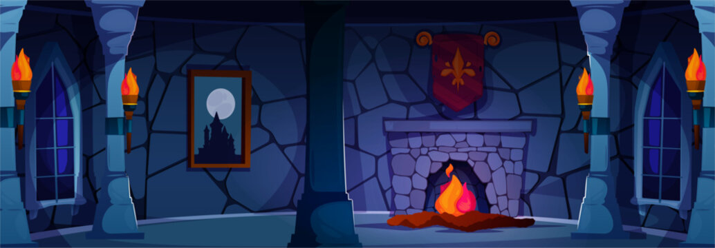 Castle fireplace room interior. Vector stone hall with hearth, tall windows and arches. Fantasy cartoon atmosphere for game cutscenes. Indoor space with columns and flags. Medieval themed artwork