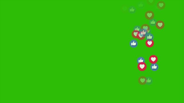 Floating social media reactions animation. Like love and emoji icons rising on green screen