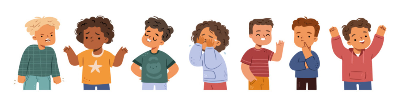Facial expressions and emotions of boy personages. Vector isolated cute characters with sad neutral and silly, confused and happy, worried and proud, anger and bored, surprise and crying faces