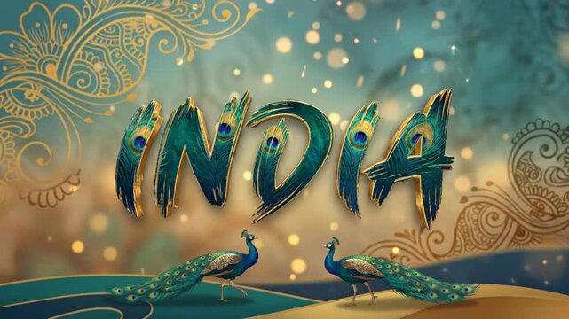 India word text designed with colorful peacock feathers and birds
