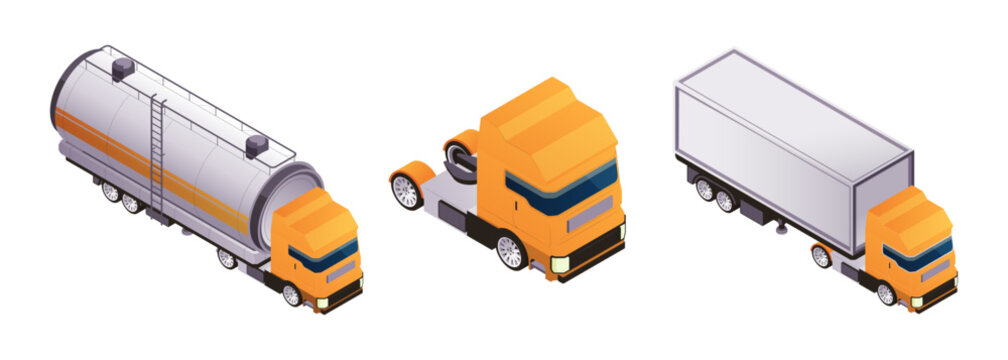 Delivery truck vans. Vector transfer service vehicles. Flat tanker, lorry and hauler for transport liquids, gases or bulk materials over land. Fuel distribution, agriculture and chemical transportatio