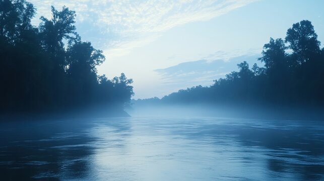 Misty river landscape at dawn creating a serene and mystical scene with soft light and tranquil vibe