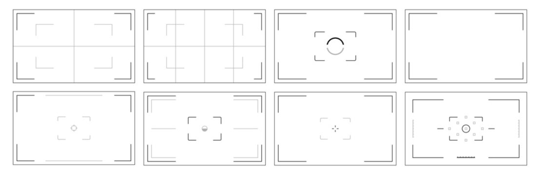 Digital camera interfaces set. Vector rectangular screen wireframes with frames and focus markers. Overlays for focus zones, viewfinder boundaries and framing guides. Mobile photography apps