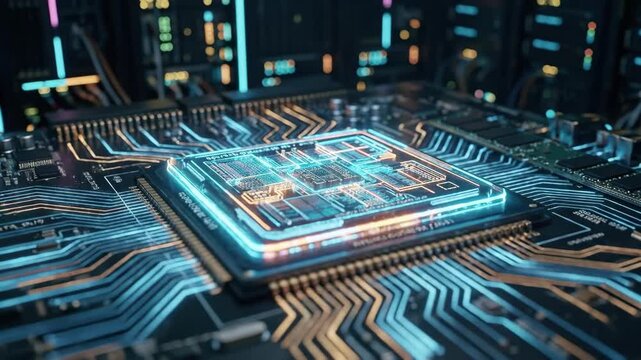 A luminous AI microchip system with glowing circuitry and connected network lines, detailed processor design with strong depth and contrast, cinematic lighting with neon accents, ultra-realistic, shot