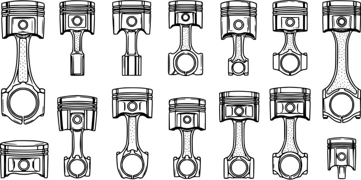 Black  White Line Art Vector Set of Automotive Internal Combustion Engine Pistons and Connecting Rods
