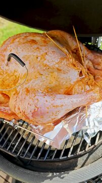 Large turkey roasting in kamado grill with temperature probes inserted, BBQ cooking process, outdoor grilling, meat preparation, thermometer control. 4K vertical video footage of grilling process
