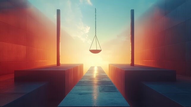 Symbolic scales of justice suspended over a reflective pathway between architectural columns at sunset