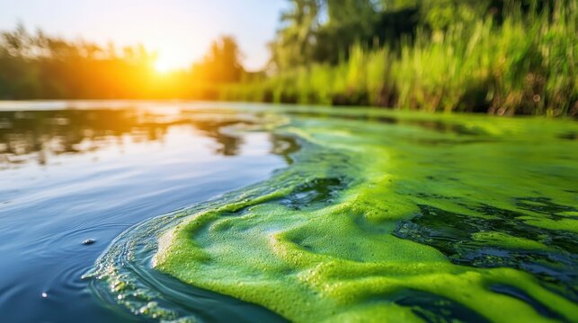Vibrant Algal Bloom Spreading Across Polluted Wetland Surface Under Bright Sunlight