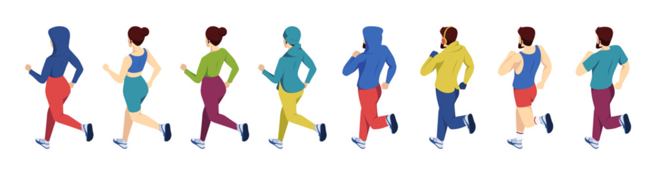 Male and female characters running, back view. Vector isometric men and women in active motion. Outdoor workout, jogging routine and training. Active sport and health. Marathon runners