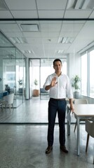 Fototapeta premium Businessman in white shirt and dark pants stands in modern office, holding documents and gesturing with hand in a welcoming manner, glass walls and plants visible
