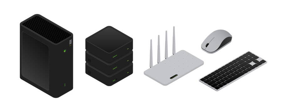 Electronic bluetooth devices and portable tools collection. Vector isolated data storage, system unit and router, keyboard and mouse. Personal and professional isometric gadgets set