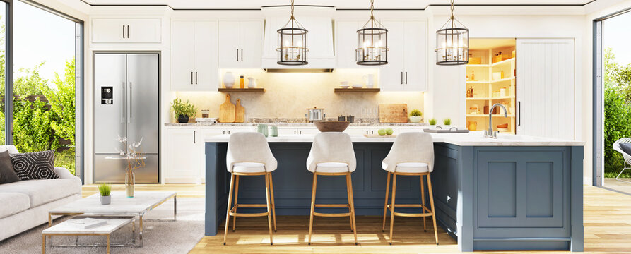 Stylish modern kitchen with pantry storage and island