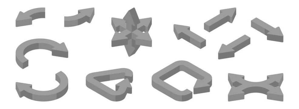 Isometric 3D arrows in different directions. Vector isolated set of circular and straight, triangular and detour pointers. Movement, direction and navigation. Infographic design and game graphics