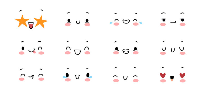 Collection of small kawaii faces showing positive emotions. Vector characters expressing joy and excitement, admiration and love. Icons for planners or chat stickers, social media and UI elements