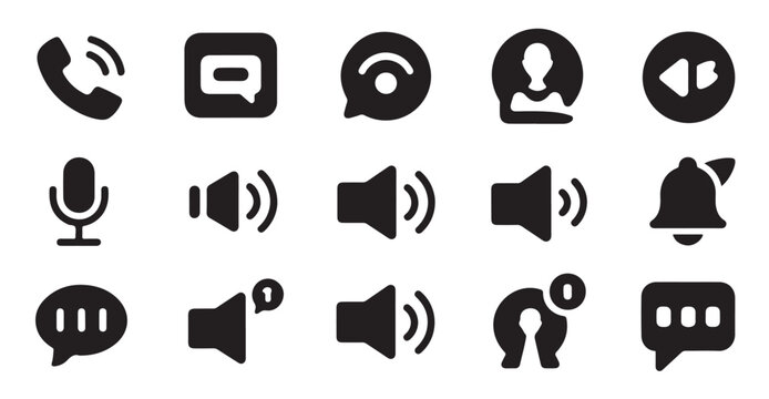 Communication and audio interface icons for messaging systems and social media platforms.