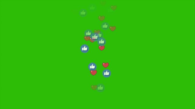 Social media reactions floating on green screen animation. Like love and emoji icons rising 