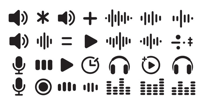 Set of audio and sound icons, music volume controls and media elements, simple design elements.