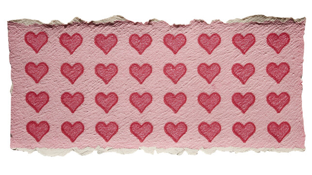 A pink paper strip with a repeating pattern of red hearts on transparent background