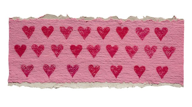 A pink paper strip with a repeating pattern of red hearts on transparent background