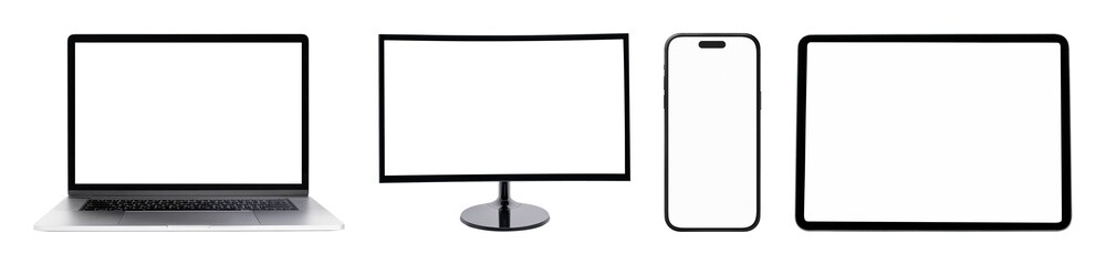 Obraz premium Digital devices with blank screens element set isolated on white